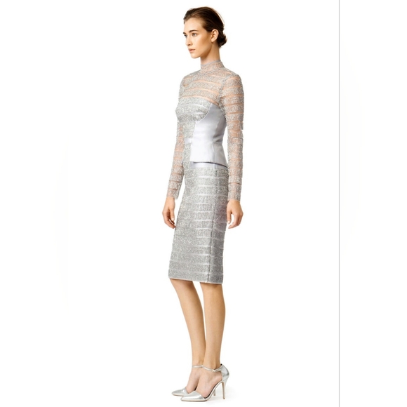 $1,600 BIBHU MOHAPATRA SILVER METALIC LONG SLEEVE RUNWAY DRESS US 2 - Picture 9 of 13